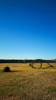 A captivating view of artistic sculptures in a Torino, Italy park under clear blue skies.