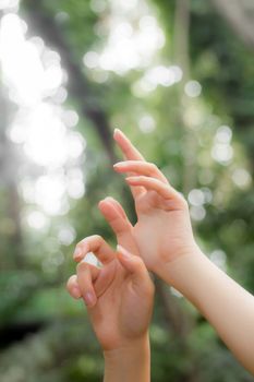 Graceful hands reaching upwards with blurred bokeh background in a summer forest.