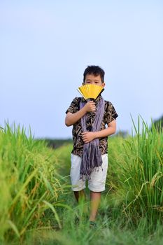 A young boy in a rice field holds a traditional Asian fan, capturing serene rural life.